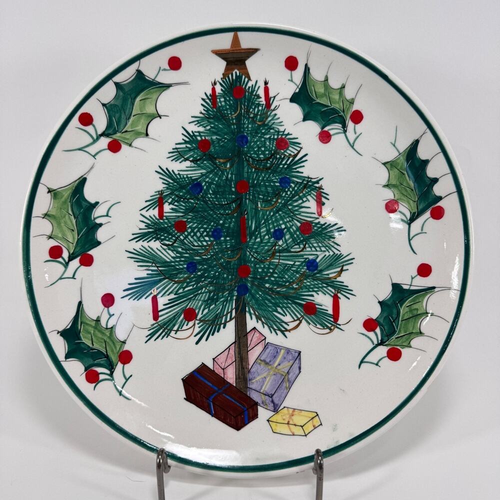 Vintage Christmas Tree Plate Hand Painted Holly Rustic Country Made in Italy